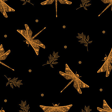 Stylish pattern from a drawn openwork dragonfly with twigs. Seamless gold print on a black, dark background. Butterfly doodle. A print made of painted insects. Modern design for textiles, packaging.
