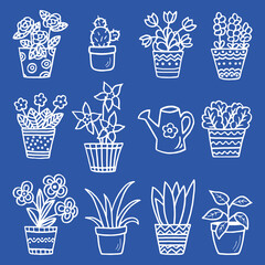 Set of potted plants, white outline on blue background