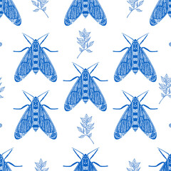 Creative, stylish pattern from a drawn openwork moth with twigs. Print with a blue pattern on a white background. A print made of painted insects. Modern design for textiles, packaging, clothing
