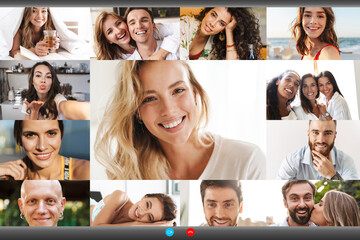 Screenshot of happy multinational people making online conference call