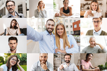 Collage of joyful multinational people looking and smiling at camera