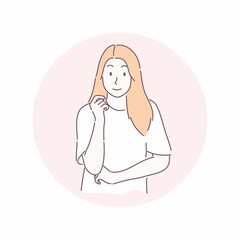 Pretty woman standing and posing. Hand drawn character style vector.