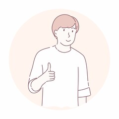 Happy man doing gestures with thumbs up. Very good, success concept. Hand drawn character style vector.