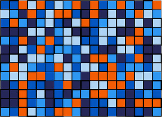 Mosaic from vector squares with trendy blue and orange colors and different sized borders in shades of red for web, cover, wrapping paper, art, etc. backgrounds