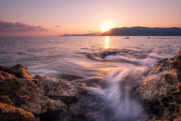 Fototapeta na wymiar Rocky coastline of Corsica at dawn