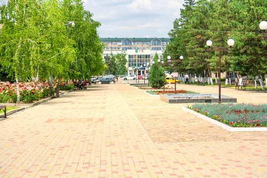 the city of Abinsk Krasnodar territory Komsomolsky Prospekt street in the summer its pedestrian zone