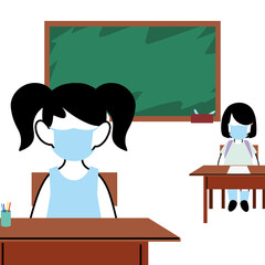Children studying in the classroom with face masks