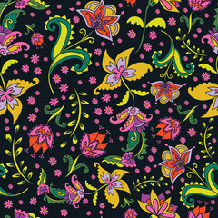 Vintage Jacobean floral with blooms, leaves and ditsy flowers. Great for home decor, wrapping, fashion, scrapbooking, wallpaper, gift, kids, apparel.