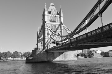 Fototapeta na wymiar London tower bridge view from a bottom end with blue sky as background