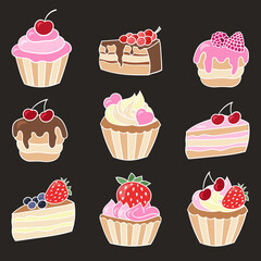 Set with sweet cupcakes on a dark background