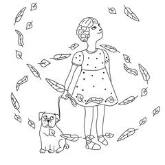 Kids cartoon illustration with girl and dog in leaves fall. Page of a children's coloring book. Cute autumn caracters