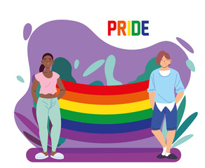 woman and man cartoons with lgbti flag and leaves vector design