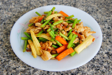 Fried Chicken with asparagus baby Corn Chilli and carrot