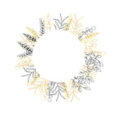 Vector illustration. Round frame with elements of flora in black and gold.