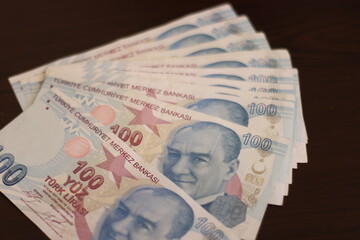 100 Turkish Lira banknotes. Turk Lirasi TL Close up.
