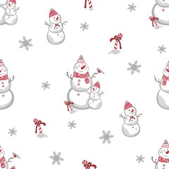 Vector seamless pattern snowmen in hats. Funny snowmen small and large. New Year Christmas seamless pattern for printing on paper, textiles, packaging, wallpaper.