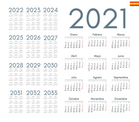 Spanish calendar 2021 - 2033 on white background. Start on monday. Vector illustration