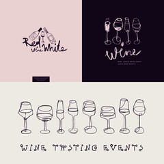 Vector wine emblems for restaurant logo design, bar sign, local wine events with wine glass icons in trendy line style. Winehouse symbol and winery insignia. Logotype and graphics for label, packaging