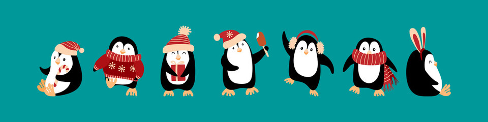 Cute cartoon penguins celebrating Christmas. Funny characters isolated on green background. Vector illustration.