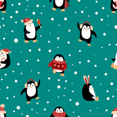 Seamless pattern with cute cartoon penguins on green background. Chrismas print for wrapping paper. Vector illustration.