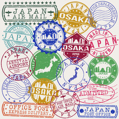 Osaka Japan Set of Stamps. Travel Stamp. Made In Product. Design Seals Old Style Insignia.