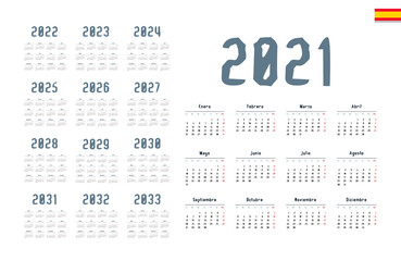 Spanish calendar 2021 - 2033 on white background. Start on monday. Vector illustration