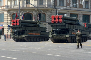 Buk-M3 anti-aircraft missile system on Tverskaya street during the dress rehearsal of the parade dedicated to the 75th anniversary of the Victory