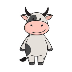 A cute spotted bull or cow stands and smiles. The Ox is a symbol of the New year 2021 according to the Eastern calendar. Vector stock flat illustration isolated on a white background