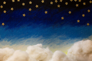 Cartoon painted night sky with bright paper stars and cotton handmade clouds. Blue white gradient. Fairytale magic dreamy mood, copy space