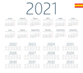 Spanish calendar 2021 - 2033 on white background. Start on monday. Vector illustration