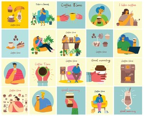 Coffee time, break and relaxation vector concept cards. Vector illustration in flat design style