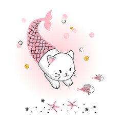 Cute cartoon cat mermaid vector illustration, Print for kids.