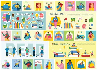 Vector concept illustrations of World Book Day, Reading the books and Book festival in the flat style. People sit, stand and walk and read a book