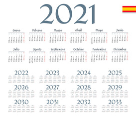 Spanish calendar 2021 - 2033 on white background. Start on monday. Vector illustration