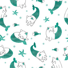 Naklejka premium Seamless cartoon cat mermaid and fish pattern. Vector sea background for kids.