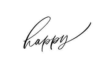 Happy word, vector brush lettering. Hand drawn modern brush calligraphy isolated on white background. Christmas vector ink illustration. Creative typography for Holiday greeting gift poster, cards, ba