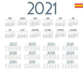 Fototapeta na wymiar Spanish calendar 2021 - 2033 on white background. Start on monday. Vector illustration