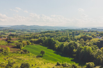 Drone top down aerial view of green forest on a hill.