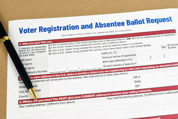 Mockup (print-out concept) of Vote Registration and Absentee Ballot Request application letter / form to vote by mail for election. - obrazy, fototapety, plakaty
