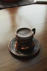 Morning coffee on a wooden table