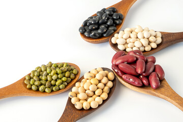 Collection of whole grains seeds isolated on white background. Healthy diet raw ingredients.