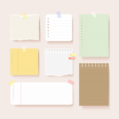 Scrapbook papers. Blank notepad pages vector illustration.Paper glued to wall with tape
