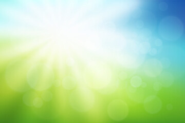 Fototapeta na wymiar Natural blurred background with bright sun rays. Abstract green and blue gradient backdrop. Ecology concept for your graphic design, banner or poster. Vector illustration
