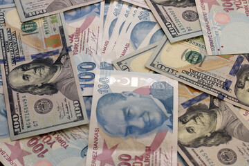 Turkish lira and American dollars 100 banknotes. Turk Lirasi TL