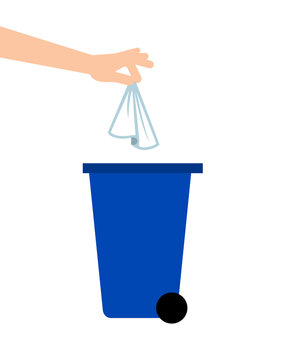 Hand throwing away tissue into a trash bin. Coronavirus prevention. Biohazard waste. Single use paper towels or napkins. COVID-19 safety measures. Personal hygiene. Vector illustration, flat, clip art