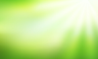 Natural blurred background. Abstract Green gradient backdrop with sunlight rays. Ecology concept for your graphic design, banner or poster. Vector illustration.