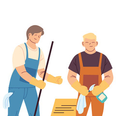 Fototapeta premium cleaning service men with gloves and cleaning utensils