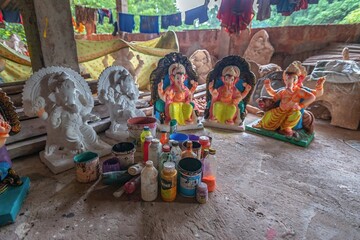 Local artisans preparing idol of God Ganesha/Lord Ganesh from eco friendly clay before the Hindu festival Ganesh Chaturthi also known as Vinayaka Chaturthi in Arambol? GOA, India