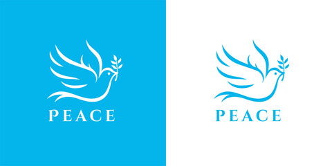 Flying peace dove with olive branch logo symbol. Spiritual purity sign. Peaceful christian charity icon. Vector illustration. - obrazy, fototapety, plakaty