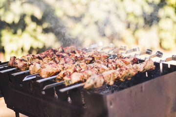 Preparation of shish kebab on barbeque over charcoal. Closeup of grilled meat cooking on metal skewer, smoke. Summer picnic/BBQ. Tasty street food. Traditional eastern dish. Natural bluerred backdrop.